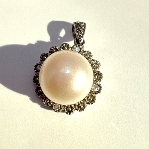 VTG Sterling Silver 925 Pearl & Diamond Halo Pendant Size 0.75" Length - Picture 2 of 8
